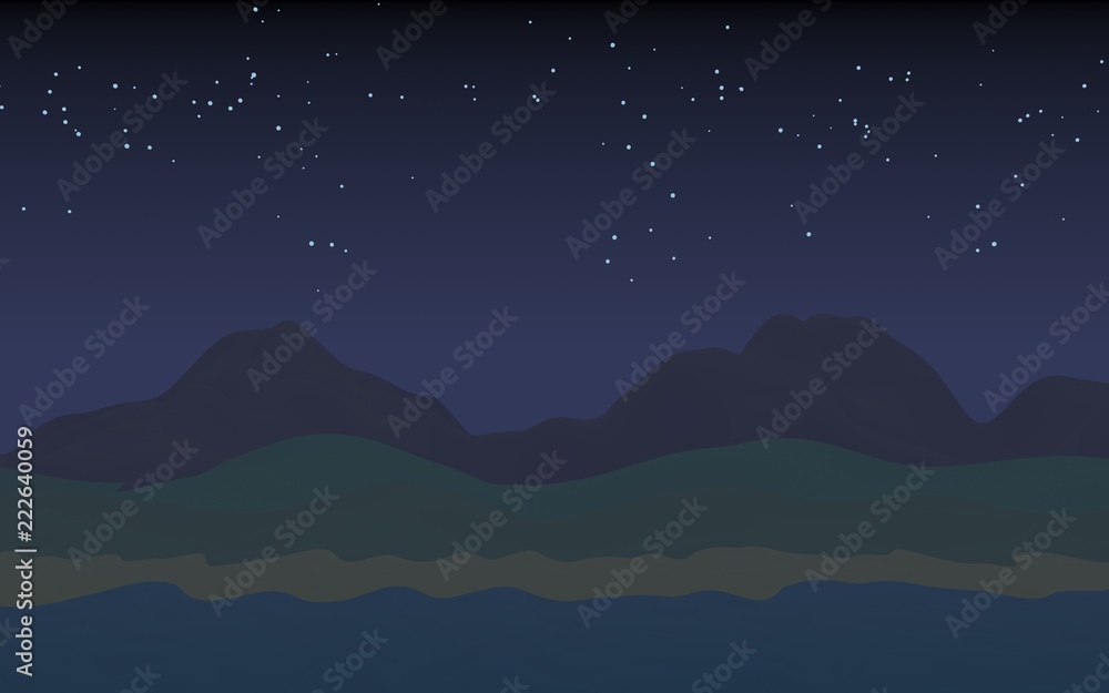 Starry moonless sky. Ocean shore line with waves on a beach. Island beach paradise with waves. Vacation, summer, relaxation. Seascape, seashore. Minimalist landscape, primitivism. 3D illustration Starry moonless sky. Ocean shore line with waves on a beach. Island beach paradise with waves. Vacation, summer, relaxation. Seascape, seashore. Minimalist landscape, primitivism. 3D illustration