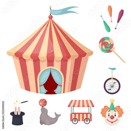 Circus and attributes cartoon icons in set collection for design. Circus Art vector symbol stock web illustration.