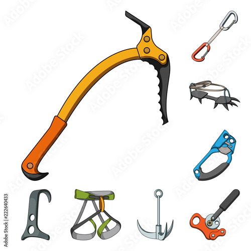 Mountaineering and climbing cartoon icons in set collection for design. Equipment and accessories vector symbol stock web illustration.