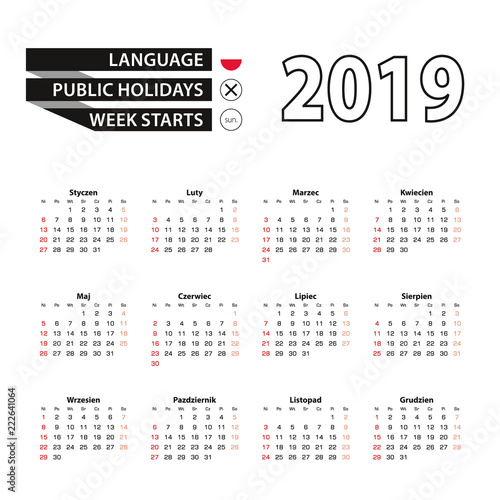 2019 calendar in Polish language, week starts from Sunday.