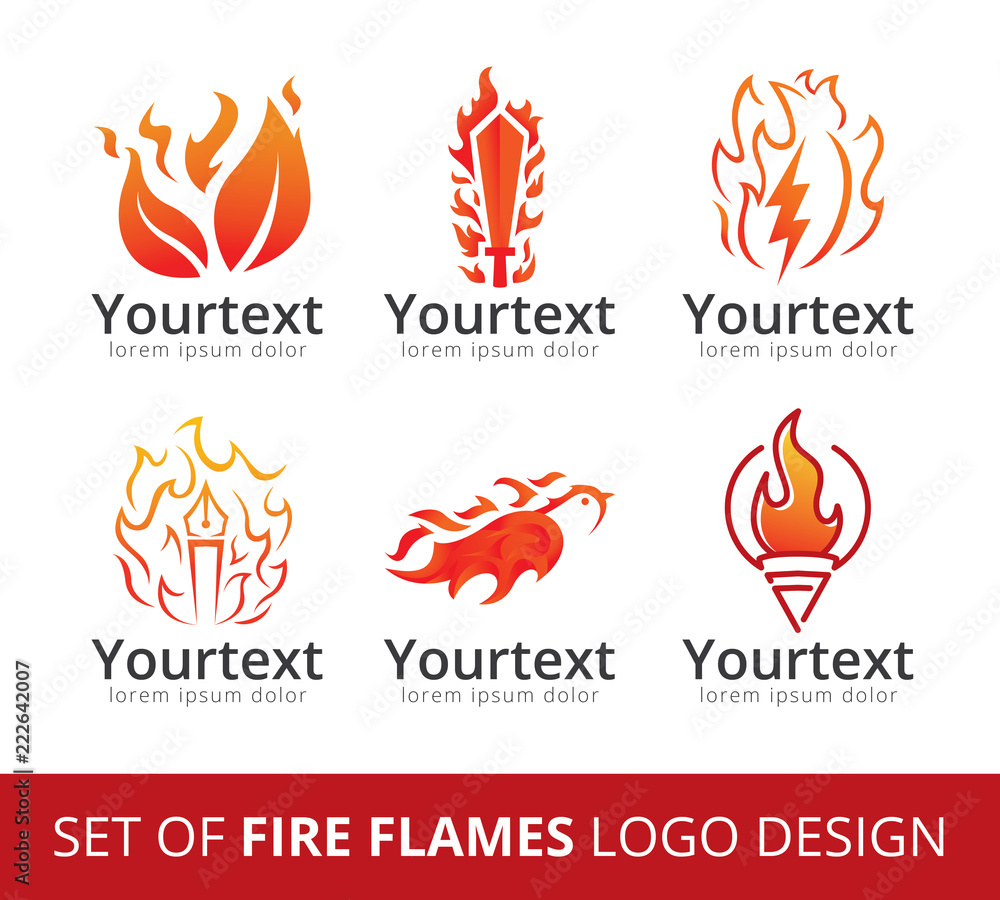 Set Of Fire Flame Logo Collection Of Logo Designs With Fire Symbol 