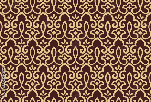 Wallpaper in the style of Baroque. Seamless vector background. Brown and gold floral ornament. Graphic pattern for fabric, wallpaper, packaging. Ornate Damask flower ornament