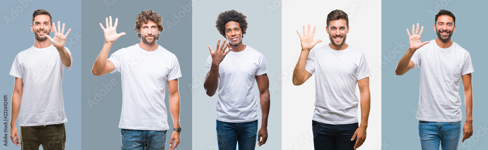 Collage of group of handsome hispanic, indian and arab men over vintage background showing and pointing up with fingers number five while smiling confident and happy. Collage of group of handsome hispanic, indian and arab men over vintage background showing and pointing up with fingers number five while smiling confident and happy.