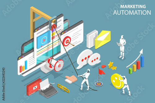 Isometric flat vector concept of digital marketing automation, social media strategy, ai, chatbot.