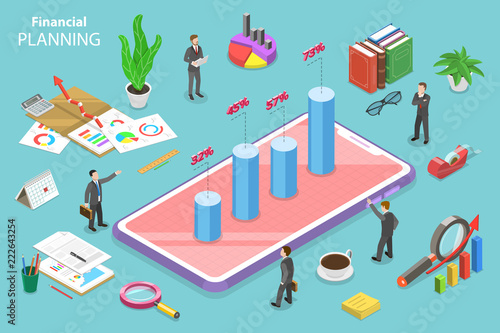 Isometric flat vector concept of financial planning, development strategy, budget, business forecast.