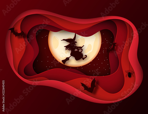 Paper art Halloween night background with bats and witch flying on a broomstick and fool moon. Modern paper cut style flyer or invitation template for halloween party.