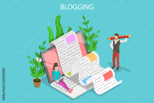 Isometric flat vector concept of creative blogging, commercial blog posting, copywriting, content marketing strategy.