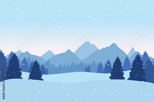 Christmas postcard with winter landscape with pine trees,  mountains and snowflakes. Xmas background. Vector illustration