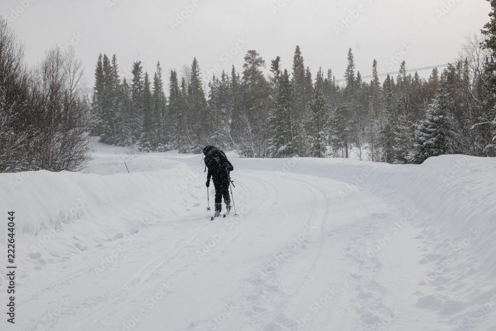 cross-country skier in heavy snowfall