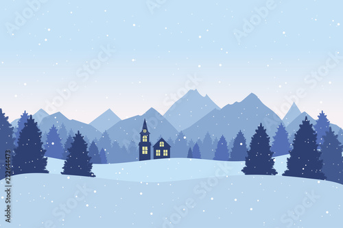 Christmas postcard with winter landscape. Pine trees, mountains, hills and small house in the forest. Xmas background