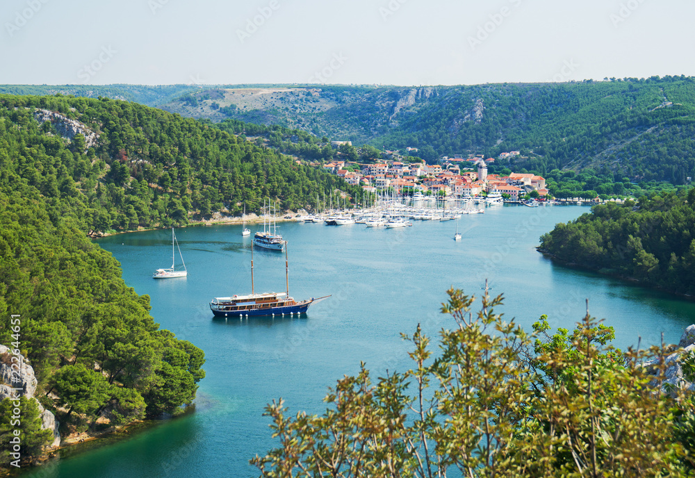 Skradin city and bay with ships and yachts in Croatia.