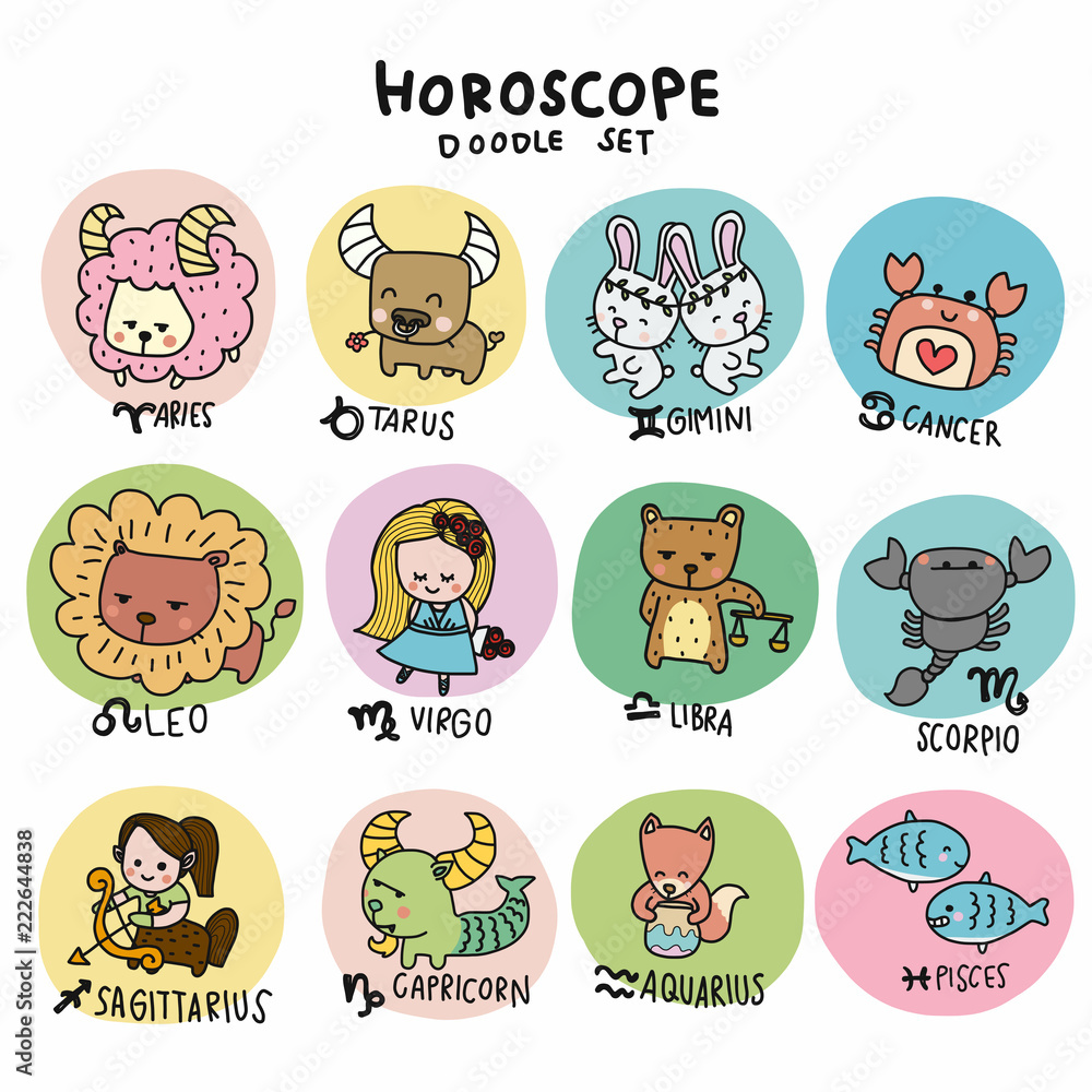 Cute horoscope doodle set cartoon vector illustration