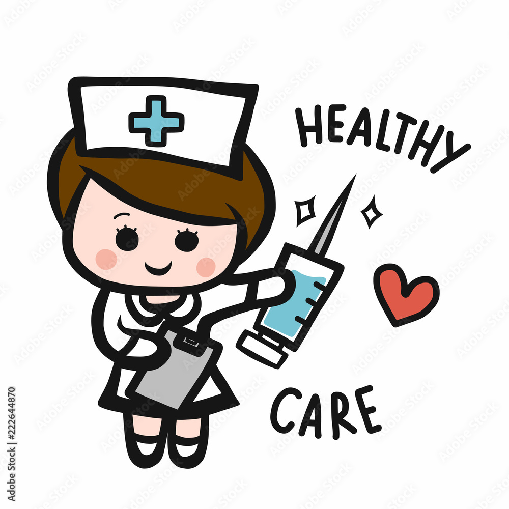 Nurse and vaccine injection needle cartoon doodle style vector ...