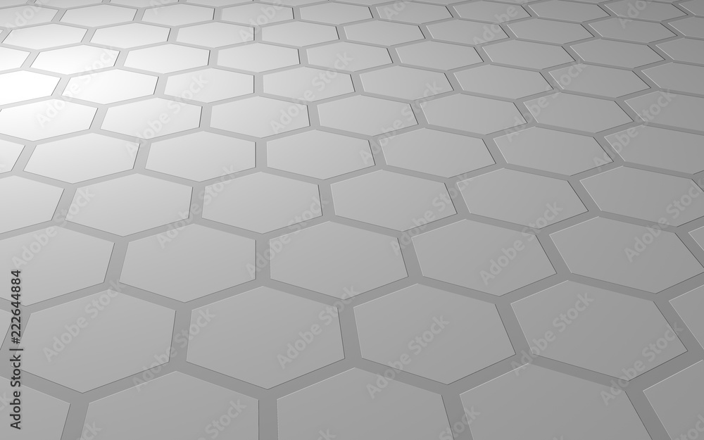 Fototapeta premium Plaster miodu na szarym tle. Widok perspektywiczny na wielokąt wygląda jak plaster miodu. Wytłaczana, wypukła komórka. Geometria izometryczna. Ilustracja 3D