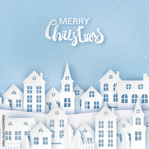 Winter urban countryside landscape, village with cute paper houses, pine trees and snow. Merry Christmas and New Year paper art background © Meranna
