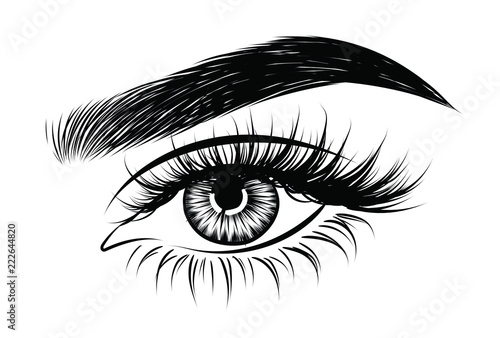 Abstract fashion illustration of the eye with creative makeup. Hand drawn vector idea for business visit cards, templates, web, salon banners,brochures. Natural eyebrows and glam eyelashes