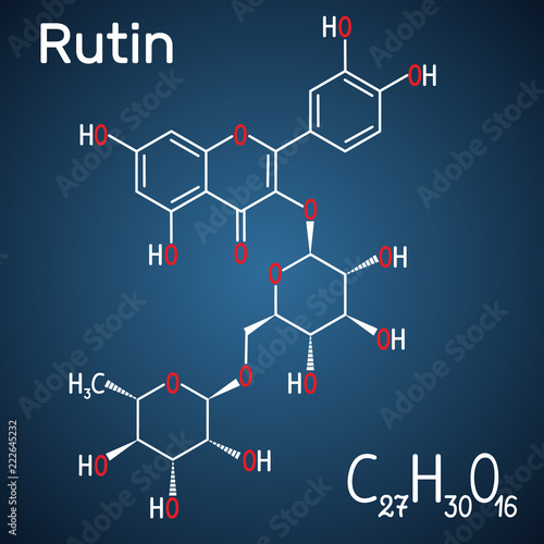 Rutin molecule (vitamin P). Structural chemical formula and molecule model on the dark blue background