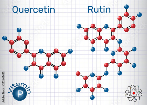Quercetin, rutin molecule (vitamin P). Structural chemical formula. Sheet of paper in a cage