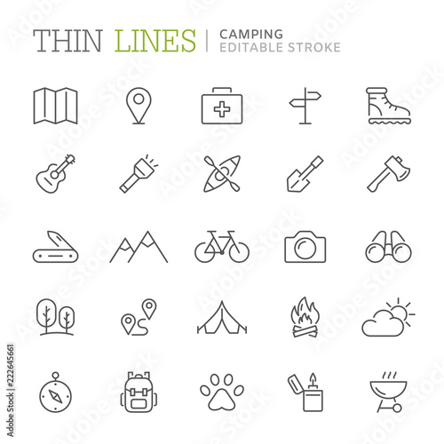 Collection of camping related line icons. Editable stroke