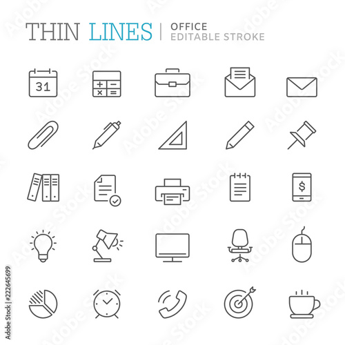 Collection of office related line icons. Editable stroke