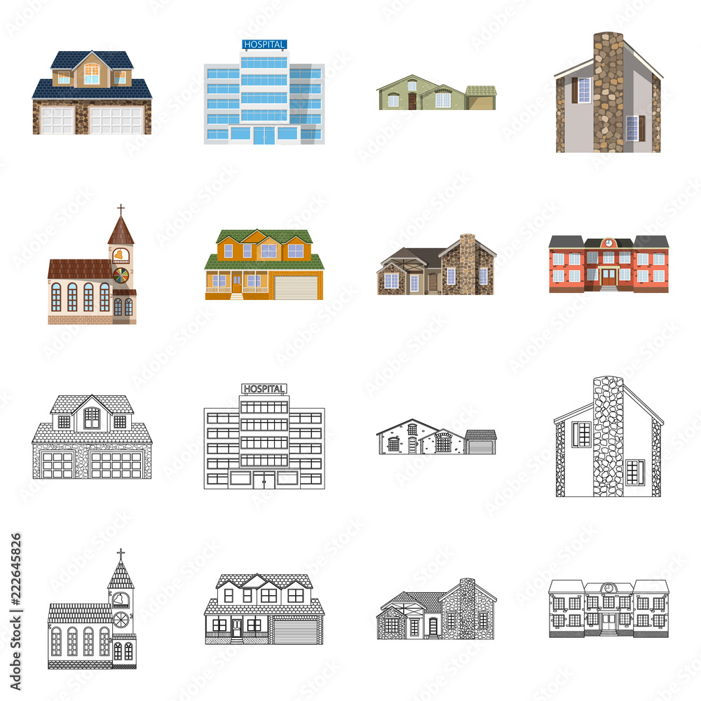 Vector design of building and front sign. Collection of building and roof stock vector illustration.
