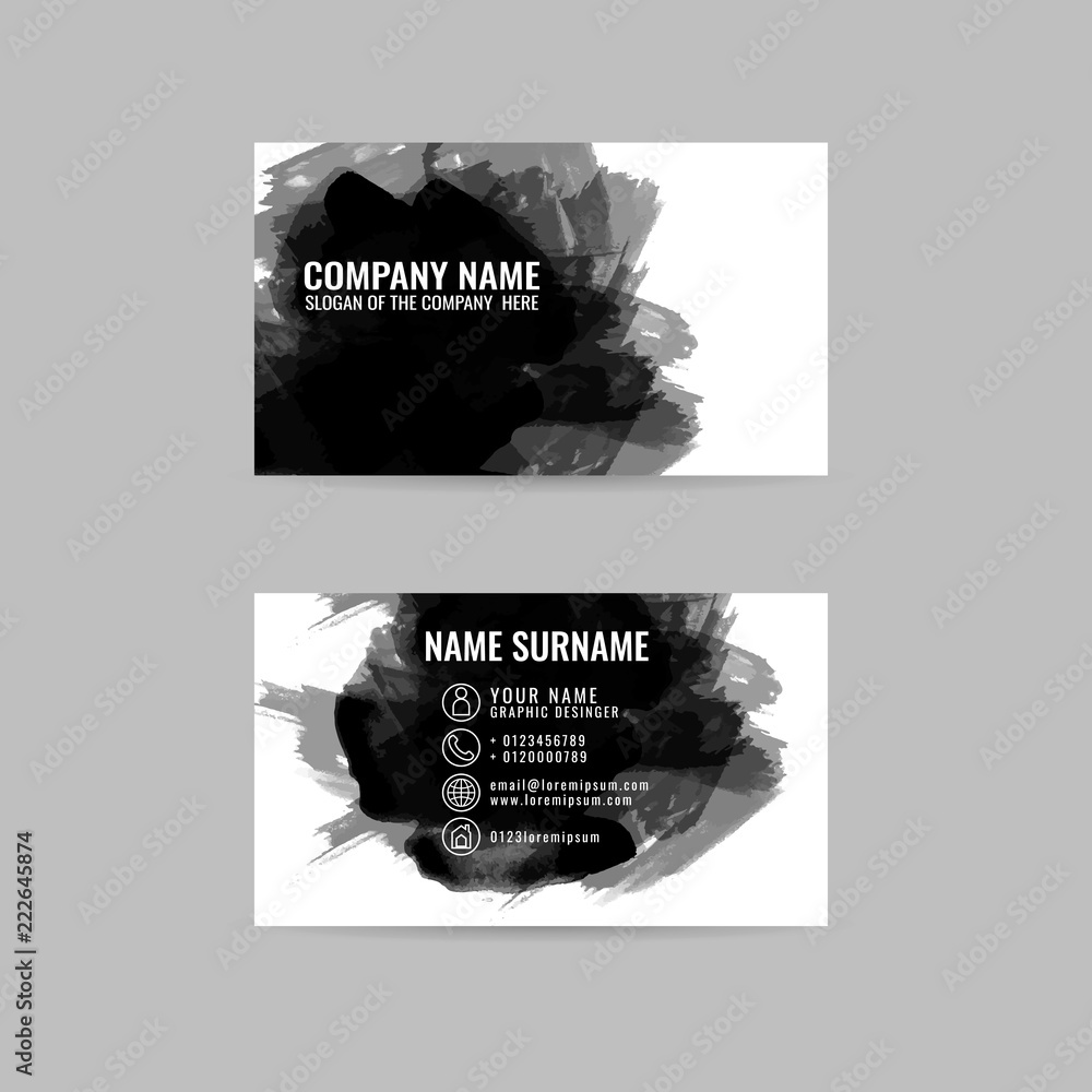 Obraz business cards template with hand painted brush strokes. black ink strokes, vector eps 10. on gray background