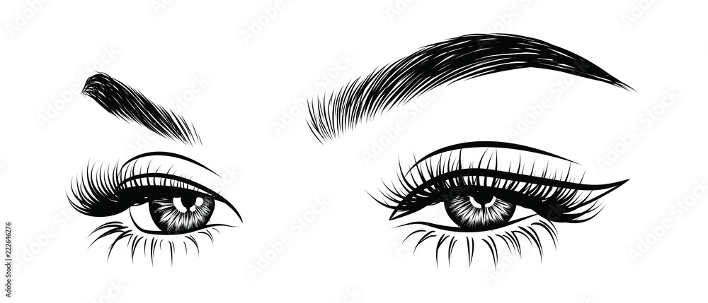 Abstract fashion illustration of the eye with creative makeup. Hand drawn vector idea for business visit cards, templates, web, salon banners,brochures. Natural eyebrows and glam eyelashes