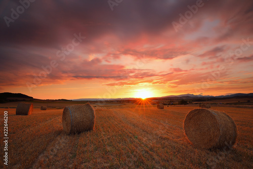 Fotografie amazing sunset over a field at harvest time (Alava, Basque Country)