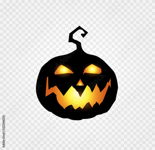 scary and evil pumpkin jack o lantern with orange glowing face on transparent background