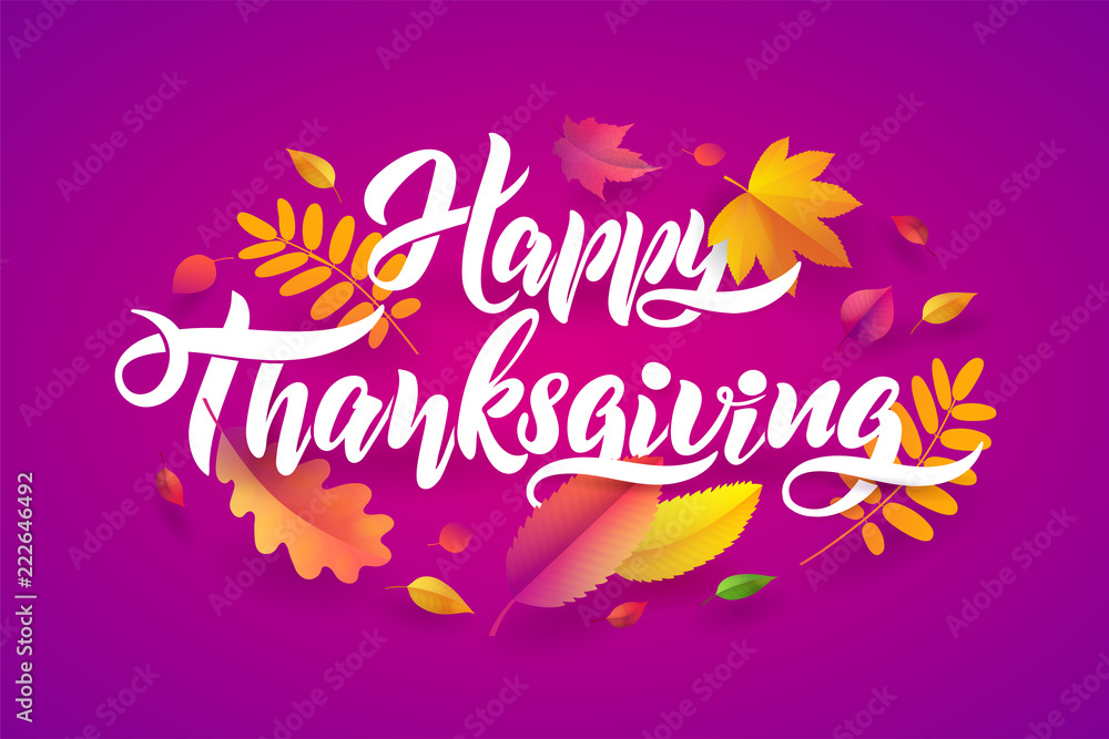 Vector Hand drawn Lettering Happy Thanksgiving typography poster with fallen leaves on purple background Vector Hand drawn Lettering Happy Thanksgiving typography poster with fallen leaves on purple background