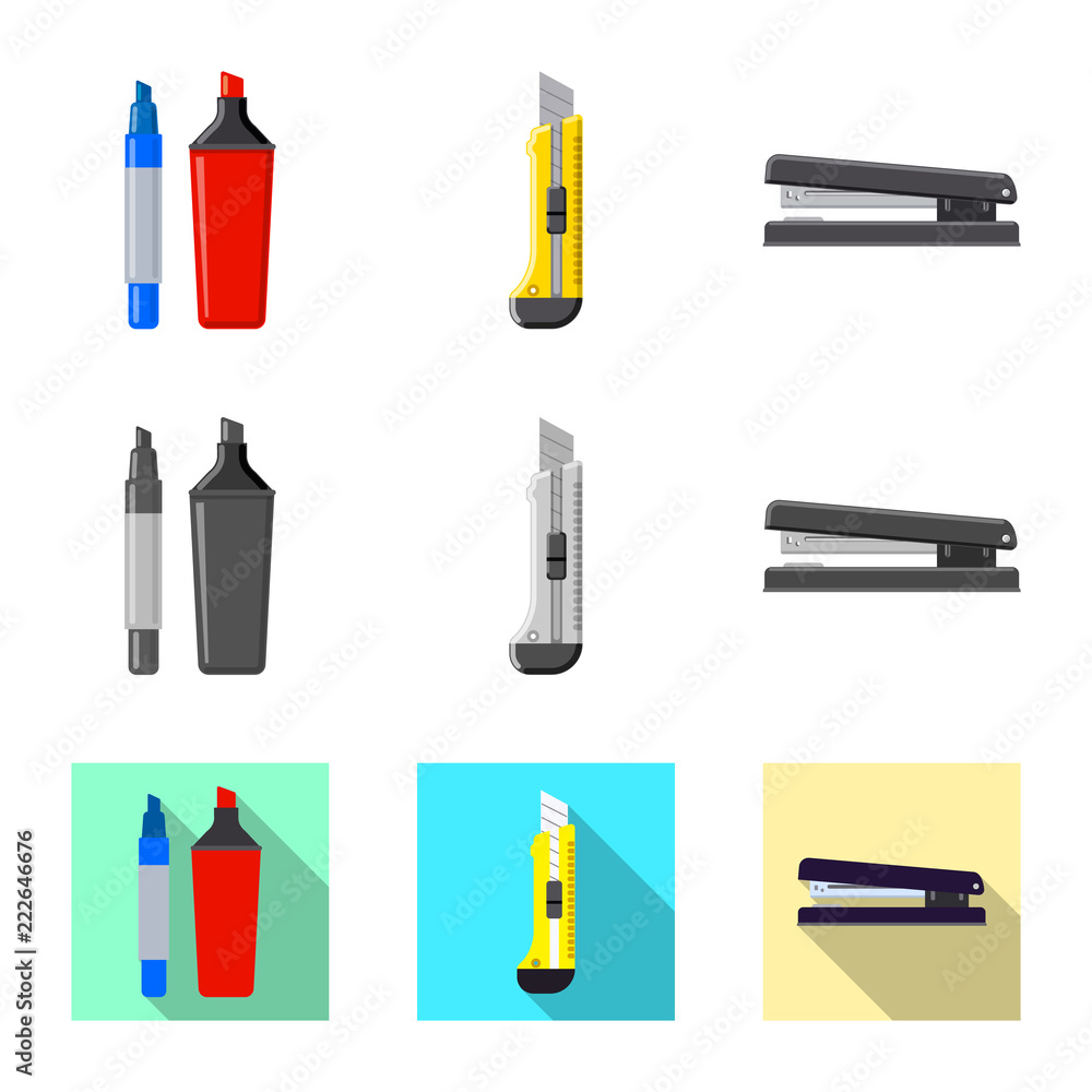 Vector illustration of office and supply symbol. Set of office and school stock symbol for web. Vector illustration of office and supply symbol. Set of office and school stock symbol for web.