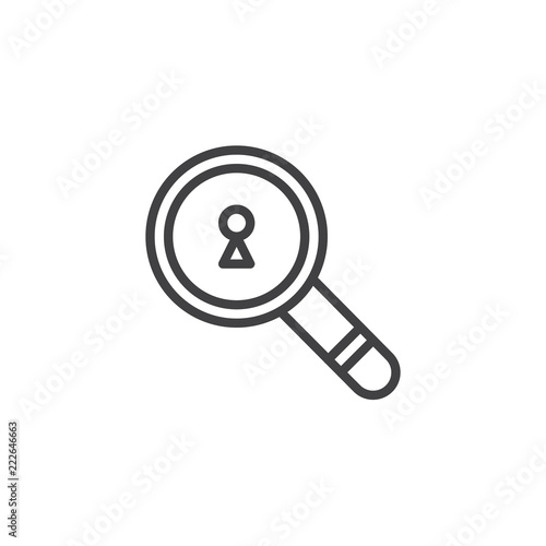 Magnifying glass with keyhole outline icon. linear style sign for mobile concept and web design. Lock hole search simple line vector icon. Symbol, logo illustration. Pixel perfect vector graphics