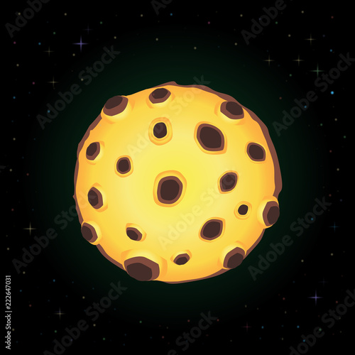 Vector illustration of yellow cartoon gradient full moon with craters in the night sky