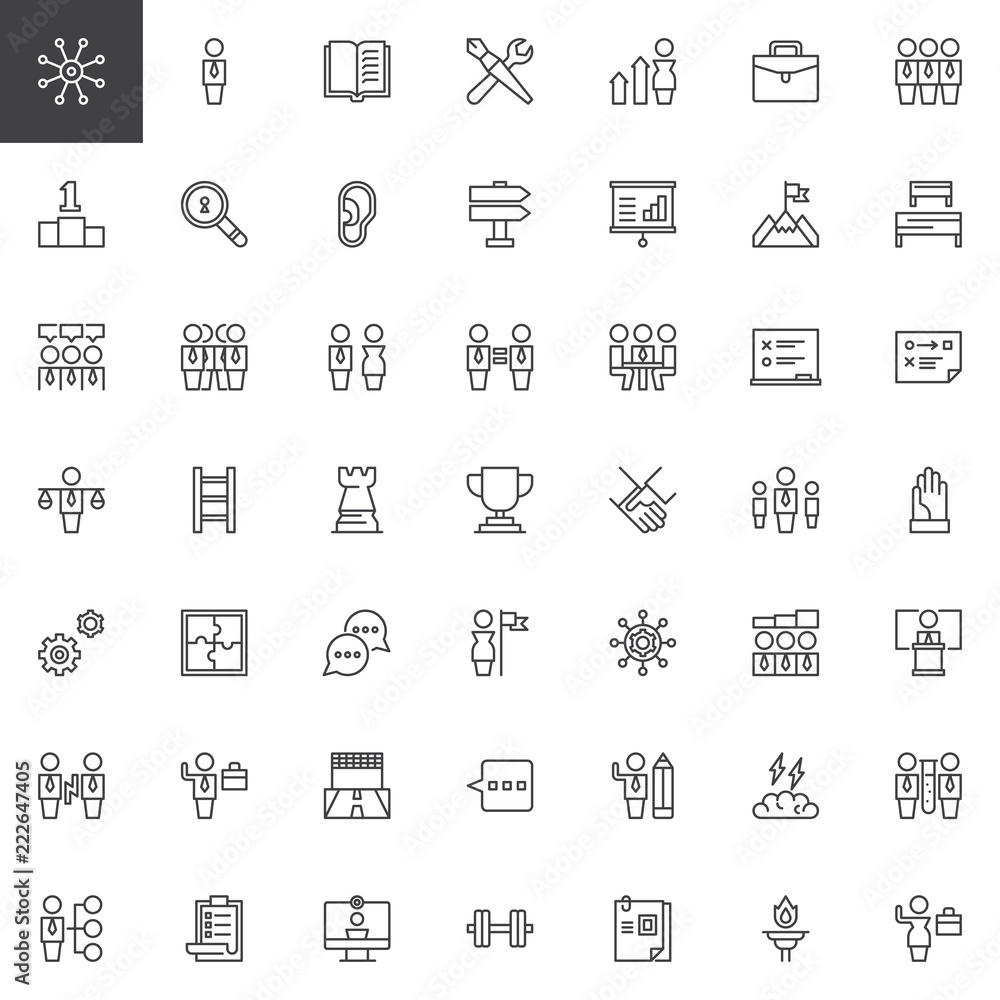 Teamwork outline icons set. linear style symbols collection, line signs pack. vector graphics. Set includes icons as Businessman, Business Skills, Development Plan, Podium, Presentation, Team, Meeting
