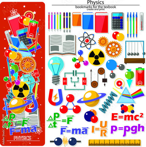 Bookmark creation kit on the physics school theme. All elements are located on different layers and can be easily manipulated.