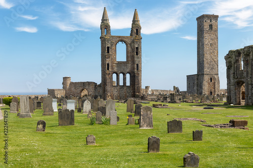 Obraz na plátne Graveyard with tombstones near ruin of St Andrews Cathedral ,Scotland
