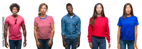 Composition of african american, hispanic and chinese group of people over isolated white background making fish face with lips, crazy and comical gesture. Funny expression.