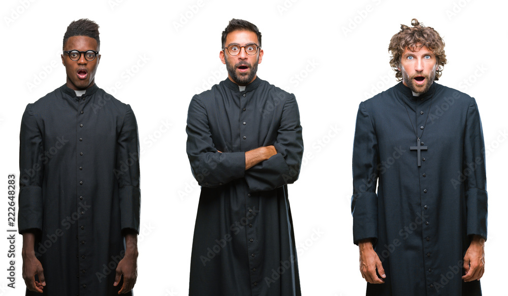 Collage of christian priest men over isolated background afraid and shocked with surprise expression, fear and excited face. Collage of christian priest men over isolated background afraid and shocked with surprise expression, fear and excited face.