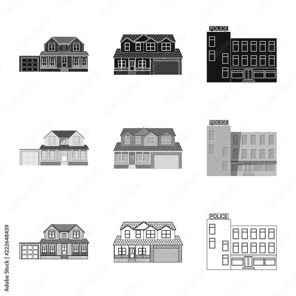 Vector design of building and front sign. Set of building and roof stock symbol for web.