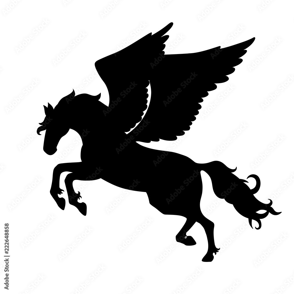 Fototapeta premium Isolated black silhouette galloping, jumping pegasus on white background. Side view of horse with wings.