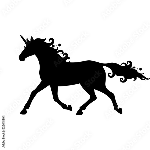 Isolated black silhouette of running, trotting unicorn on white background. Side view.