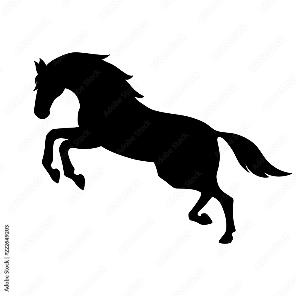Isolated black silhouette of galloping, jumping horse on white background. Side view.