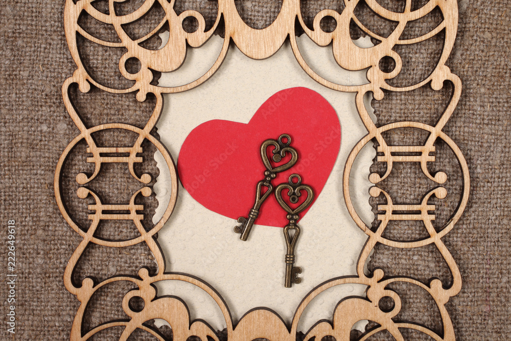 Fototapeta premium Vintage wooden frame with the decor on sacking.
