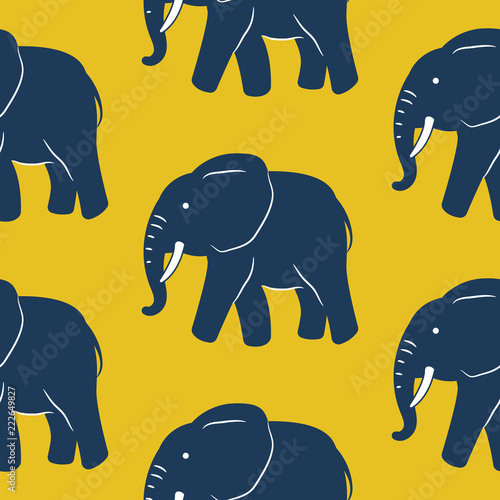 Blue elephant seamless vector pattern yellow background.