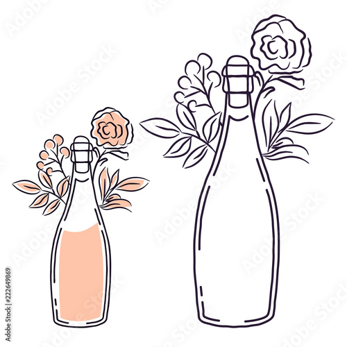 Champagne bottle with flowers line art isolated vector.