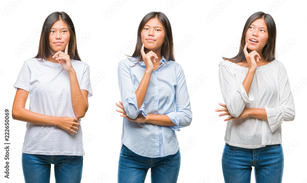 Collage of asian young woman standing over white isolated background with hand on chin thinking about question, pensive expression. Smiling with thoughtful face. Doubt concept. Collage of asian young woman standing over white isolated background with hand on chin thinking about question, pensive expression. Smiling with thoughtful face. Doubt concept.