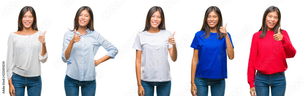 Composition of chinese asian woman over isolated background doing happy thumbs up gesture with hand. Approving expression looking at the camera with showing success. Composition of chinese asian woman over isolated background doing happy thumbs up gesture with hand. Approving expression looking at the camera with showing success.