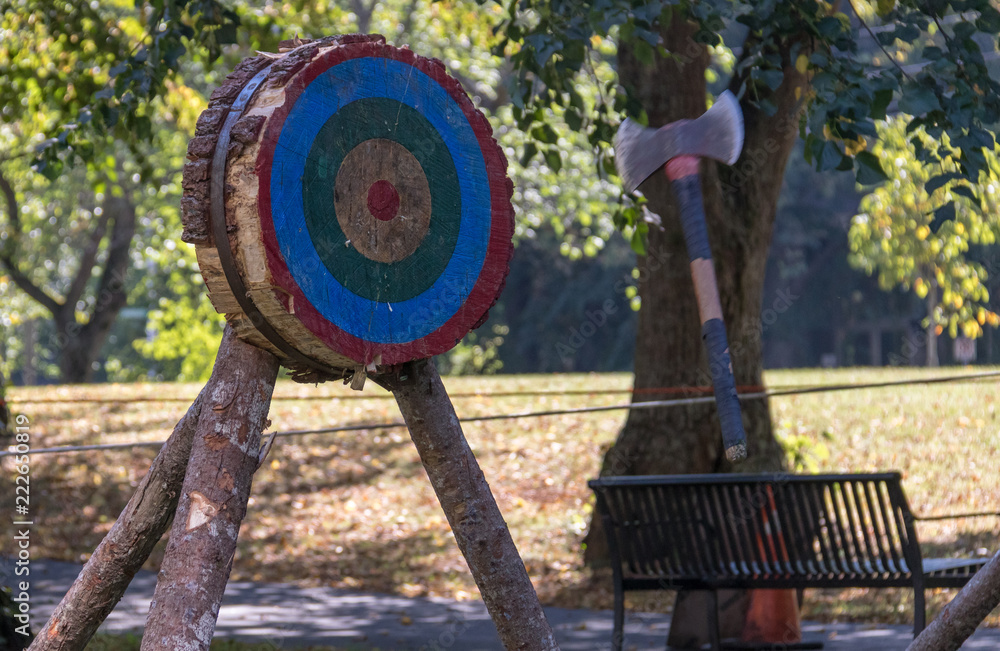 Axe throwing with wooden target, park, summer, Halifax, fun. Stock