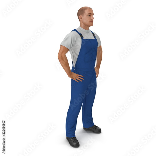 Worker Wearing Blue Boiler Suit Standing Pose. 3D Illustration on White Background © 2dmolier