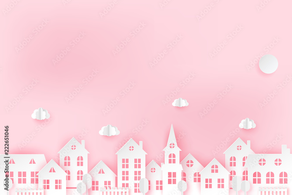 Urban countryside landscape village with cute paper houses and fluffy clouds. Romantic pastel colored paper cut background
